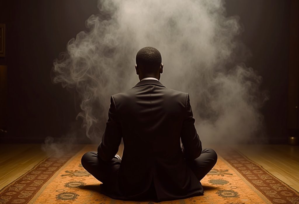 Le marabout africain assis durant une transe de voyance divinatoire
